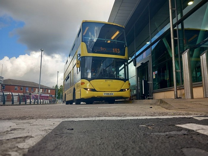 Here is a Scania Omnidekka 3601 YT09 ZCK operating the 163 service to Bury