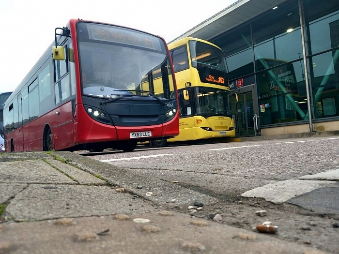 Here is a Enviro 200 4563 YX63 LLC operating tge 41 service to Sale Metrolink and a Scania Omnidekka 3618 YR59 FYY operating the 163 swrvice to Bury