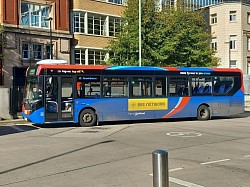 Here is Enviro 200MMC 254 HF18 CJY seen operating the route 10 in Shudehill Bus station (On Loan To Go North West GNW)